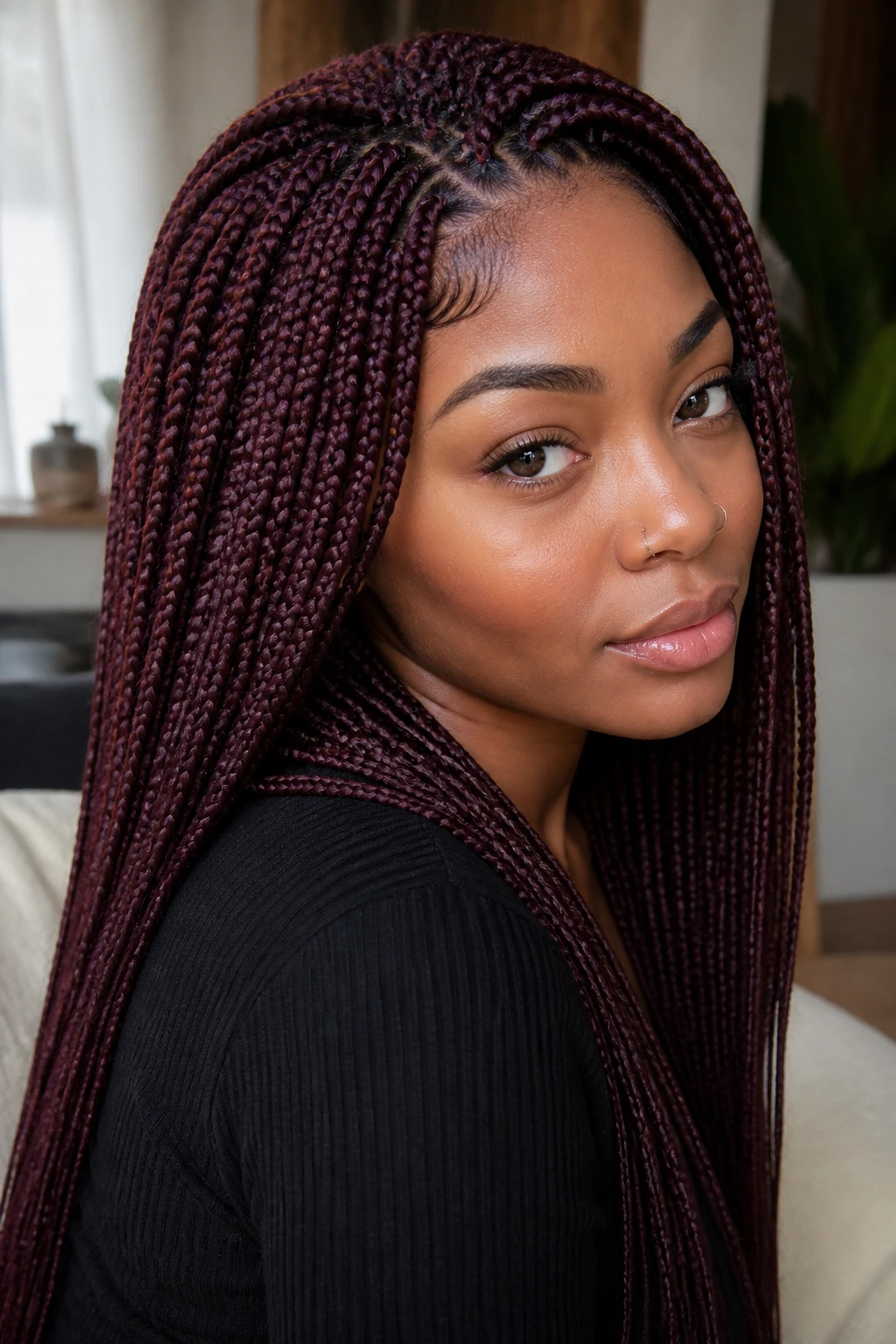Close-up portrait of a real woman with small burgundy box braids in a living room