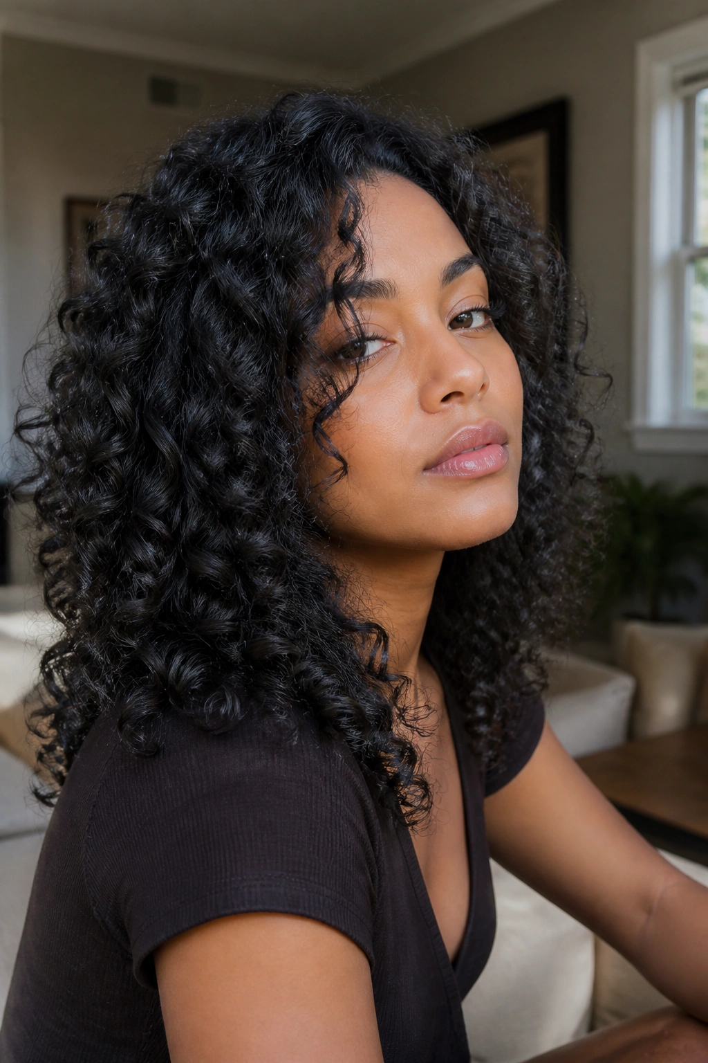 Close-up of a real woman with smoke-black curls and glossy finish.