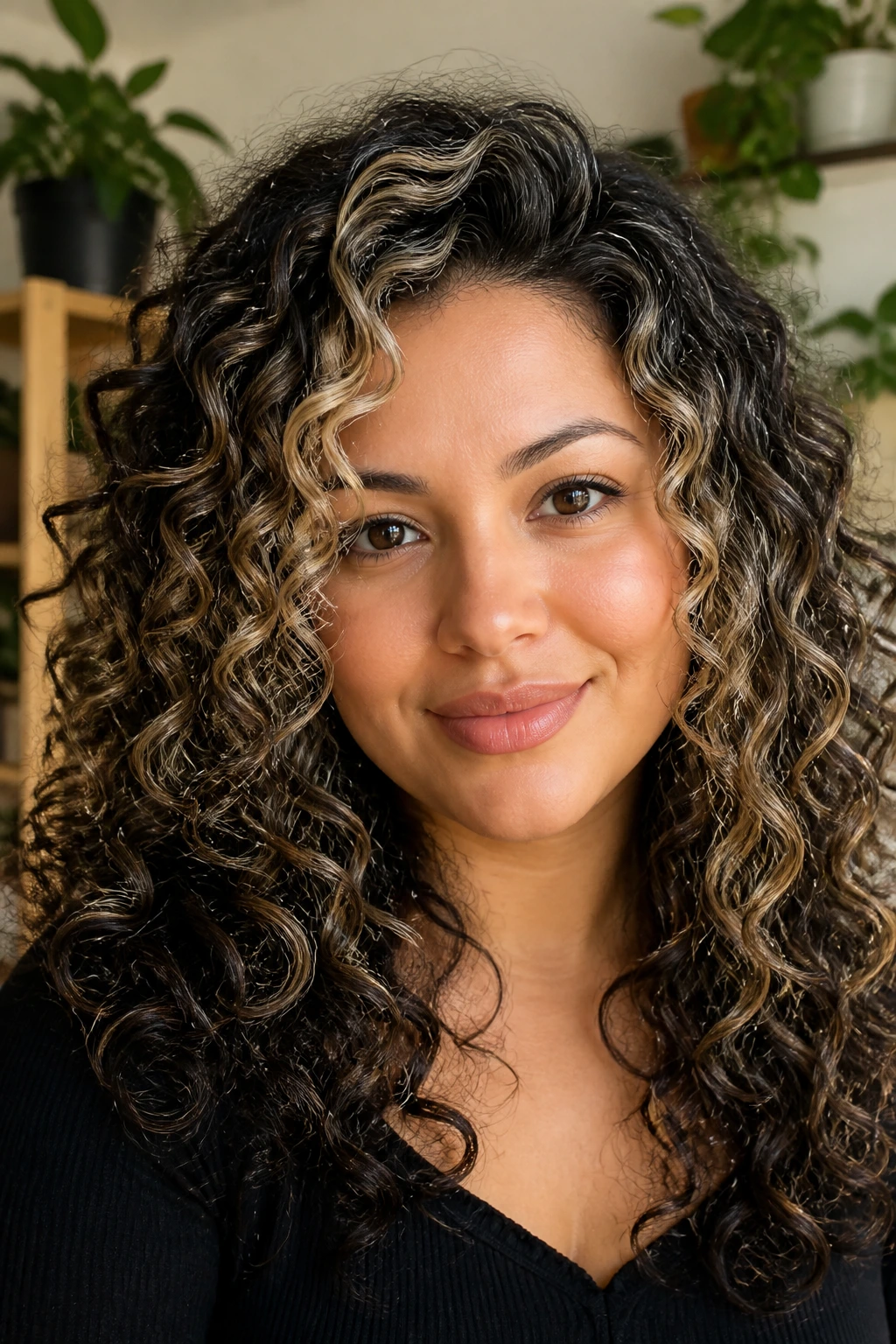 Close-up of curly hair with smoke blonde babylights on a real woman
