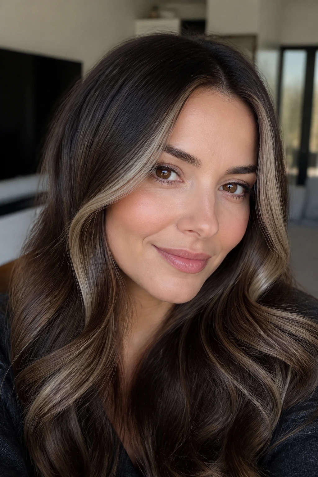 Close-up portrait of a woman with smoke blonde contour on brunette hair