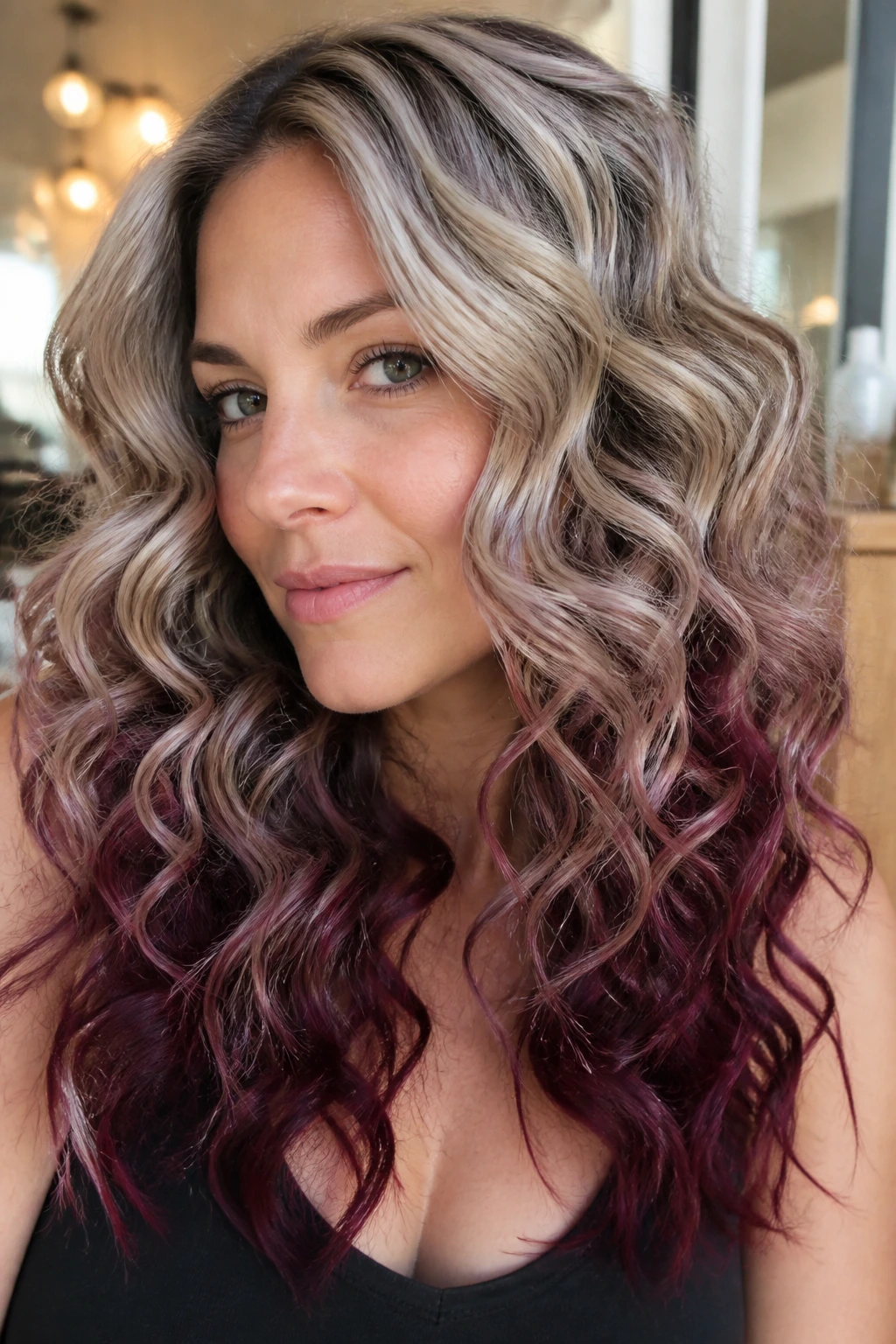 Close-up of a real woman with smoke blonde curls and burgundy tips