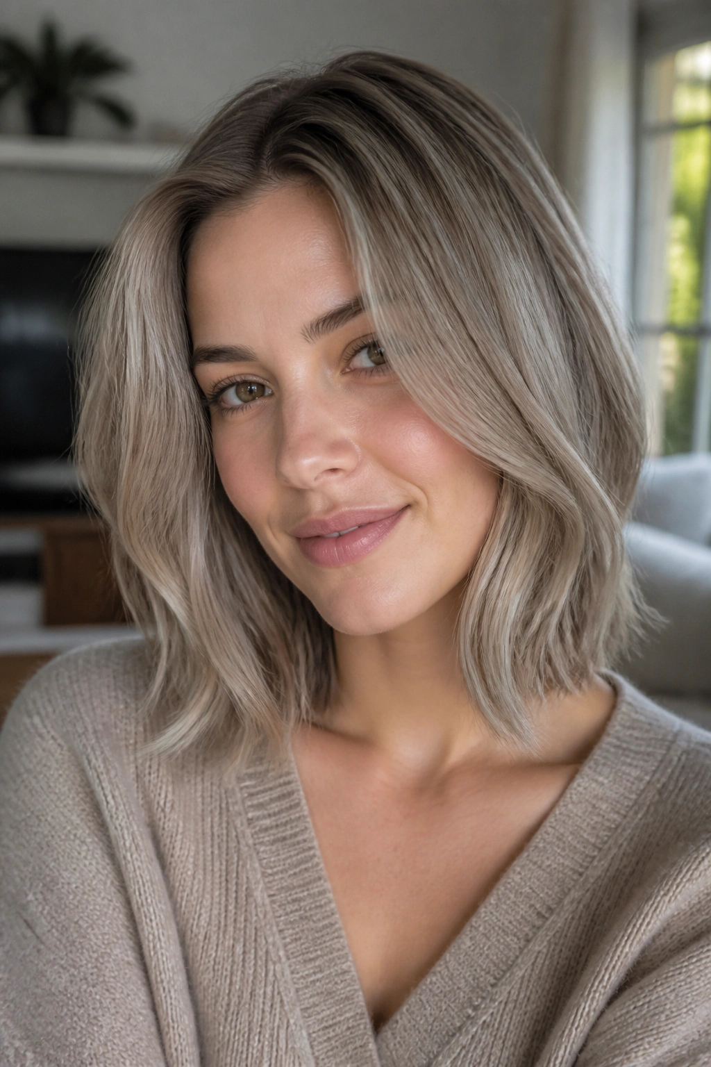 Close-up of a woman with a smoky blonde lob and subtle highlights