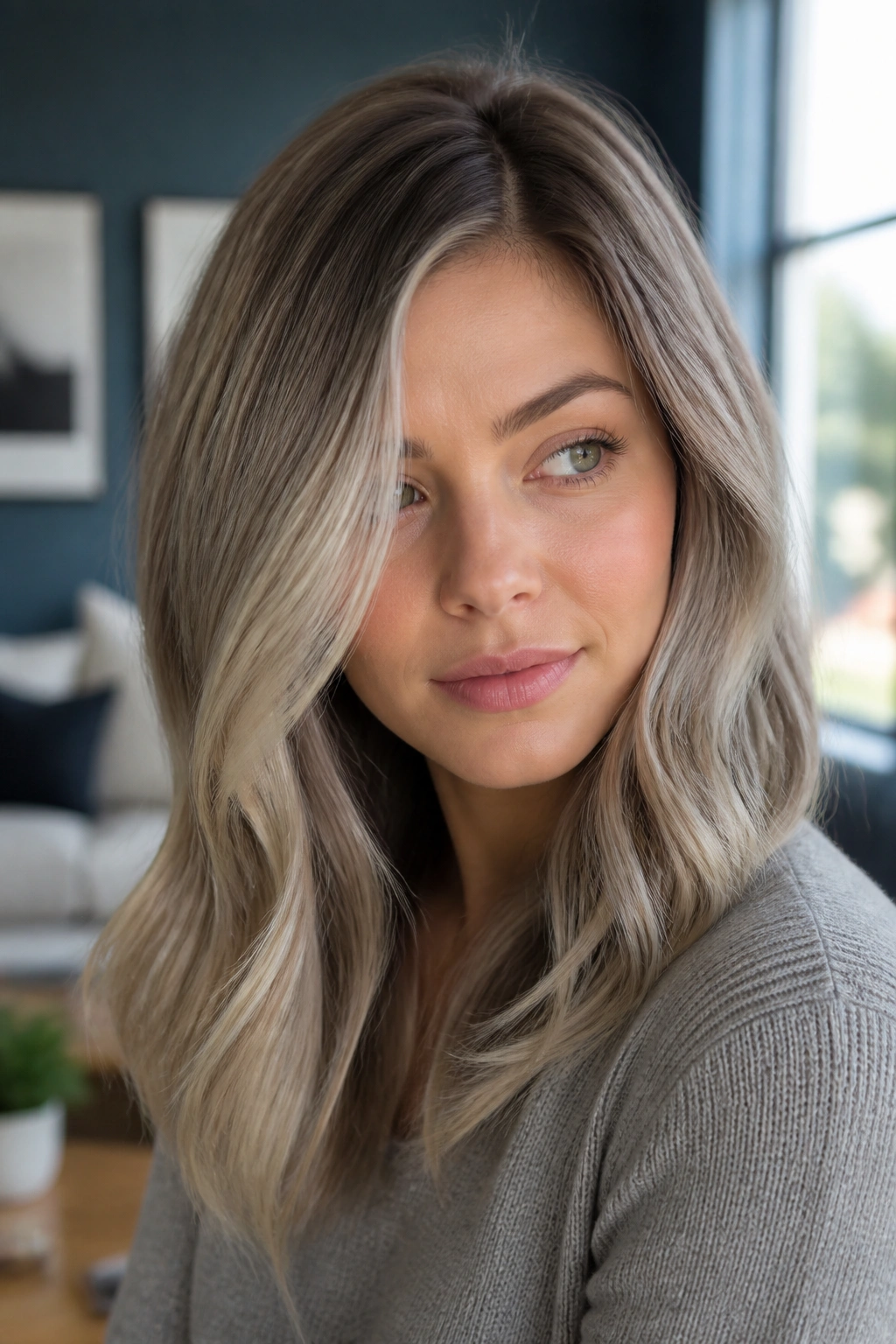 Close-up portrait of a real woman with smoky blonde hair and cool gray tones