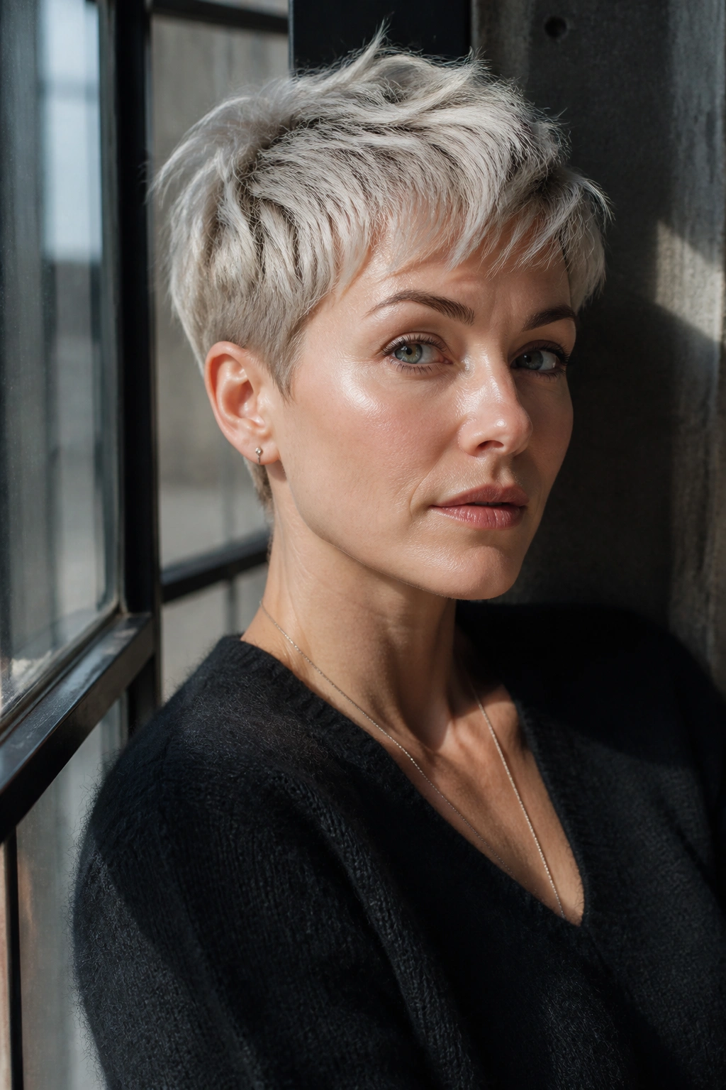 Real woman with smoky blonde pixie cut in natural light