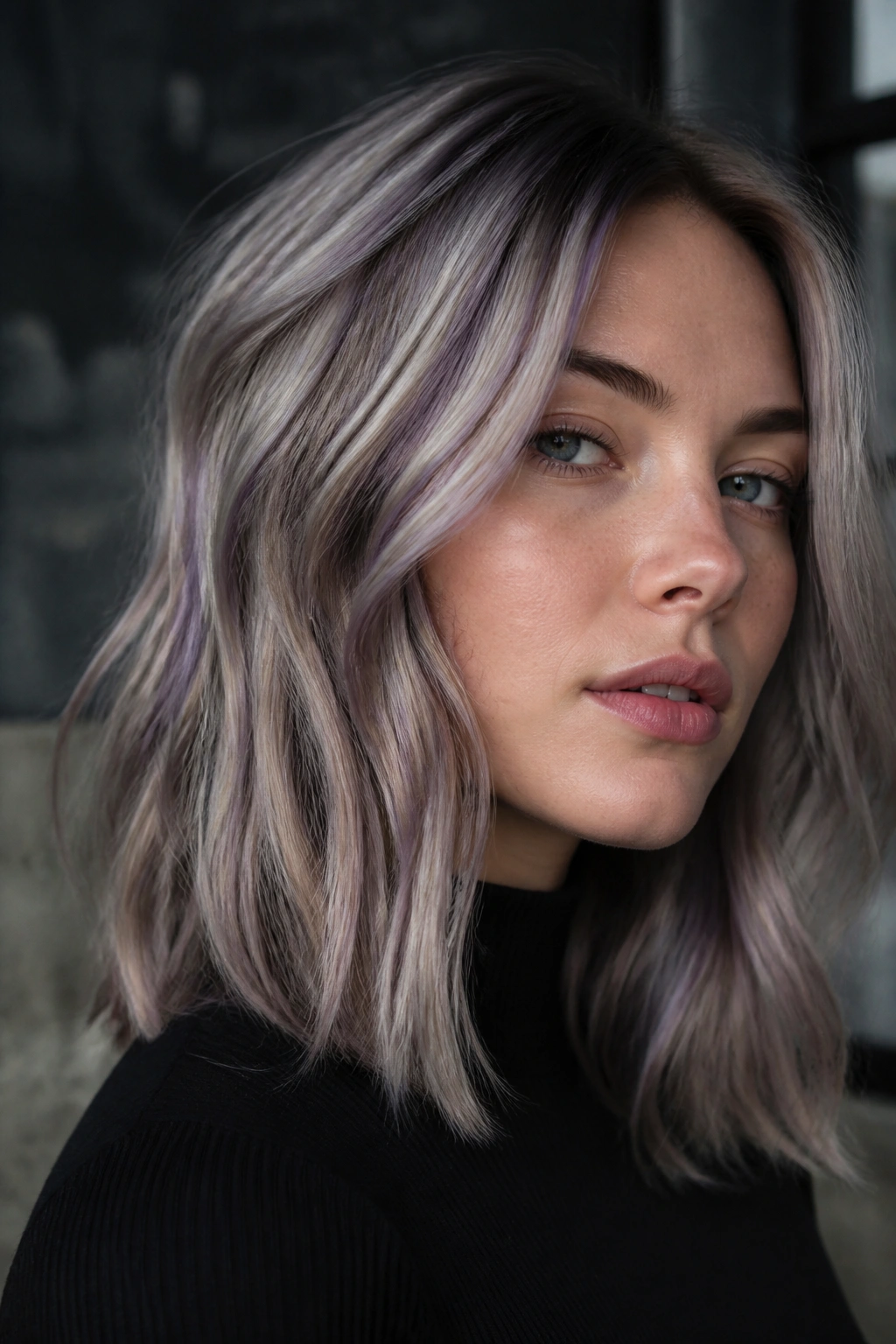 Portrait of Smoke Blonde with violet lowlights on a real person in moody lighting