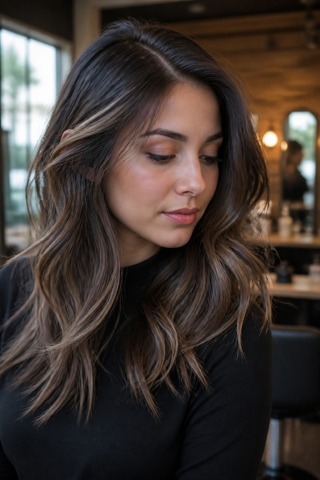 Close-up of smoky brunette with oat-caramel panels under the part, real person