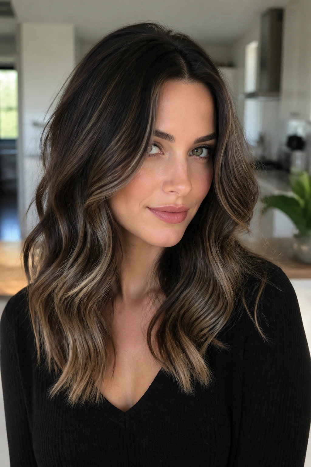 Close-up portrait of a real woman with smoke-caramel bronde and beige-ash gloss.
