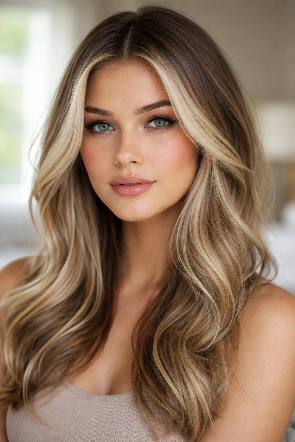 Close-up portrait of a woman with smoke-toned roots and cream face-frame hair.
