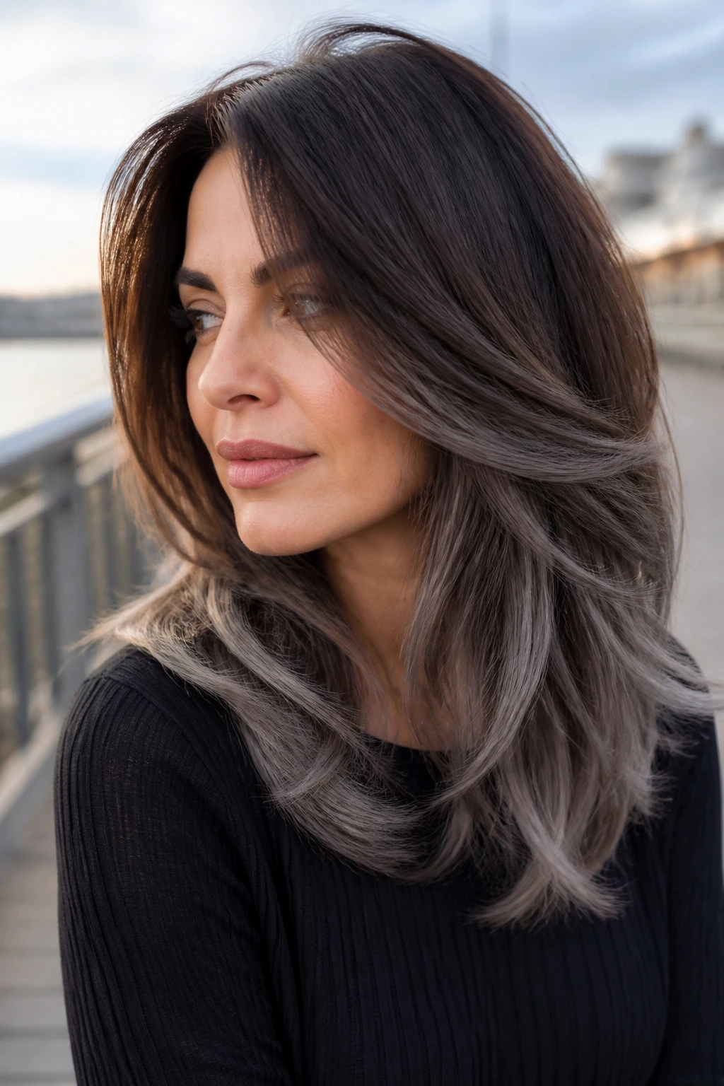 Close-up of layered brown hair with smoke-dipped grey ends