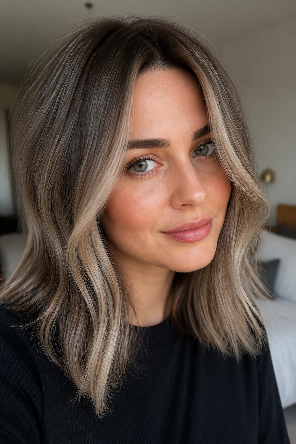 Close-up portrait of a real woman with smoke gray-infused bronde hair.