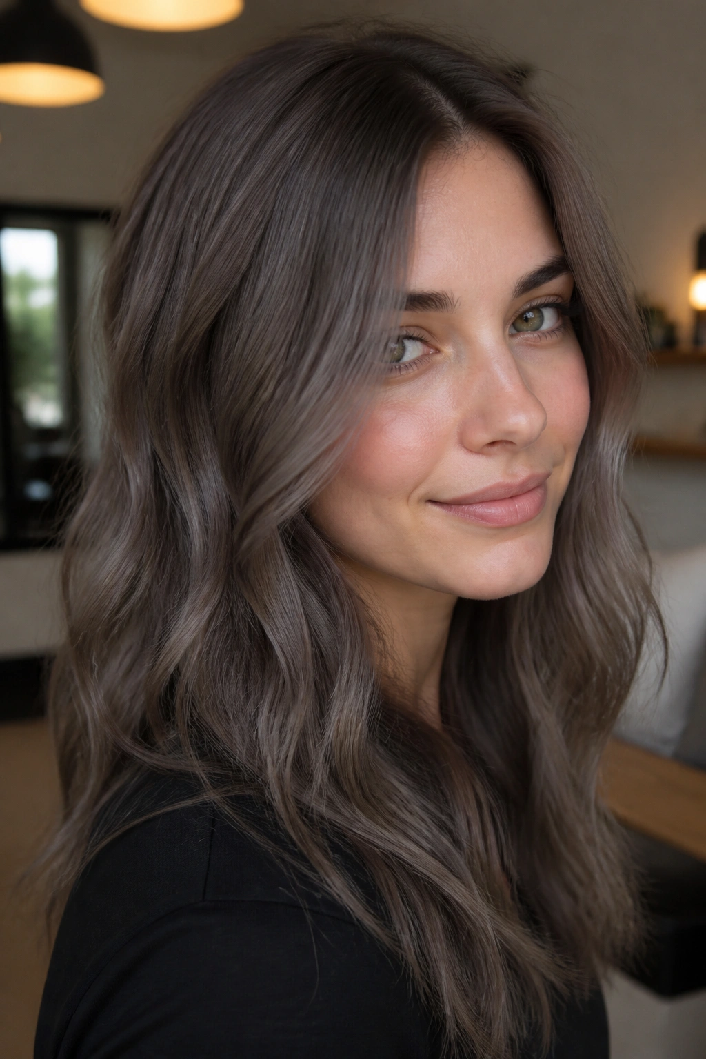 Close-up of a real woman with smoke-gray mocha glaze