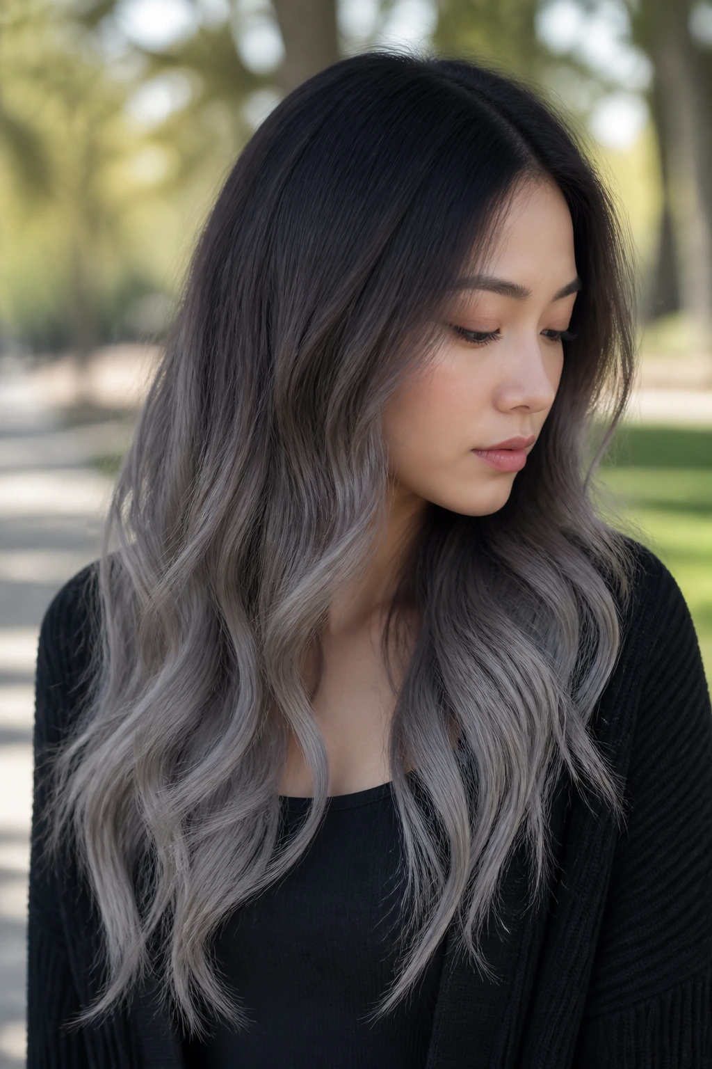Portrait of a person with smoke-gray ombré hair in natural daylight