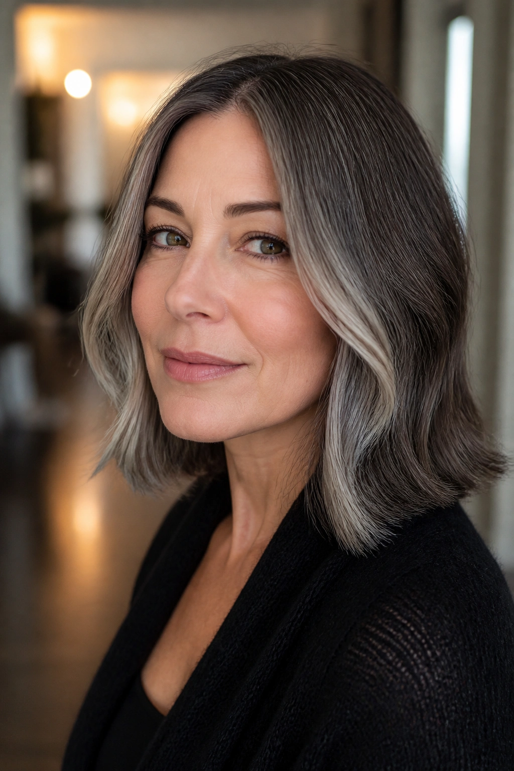 Close-up of a real woman with smoke gray hair and low face-framing ribbons