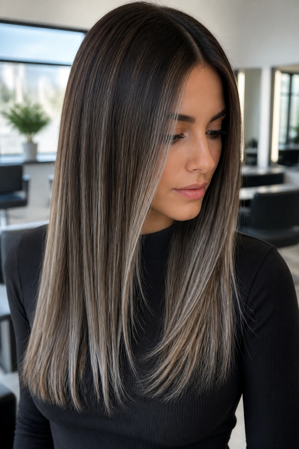 Real person with straight hair showing smoke and mirror gray balayage