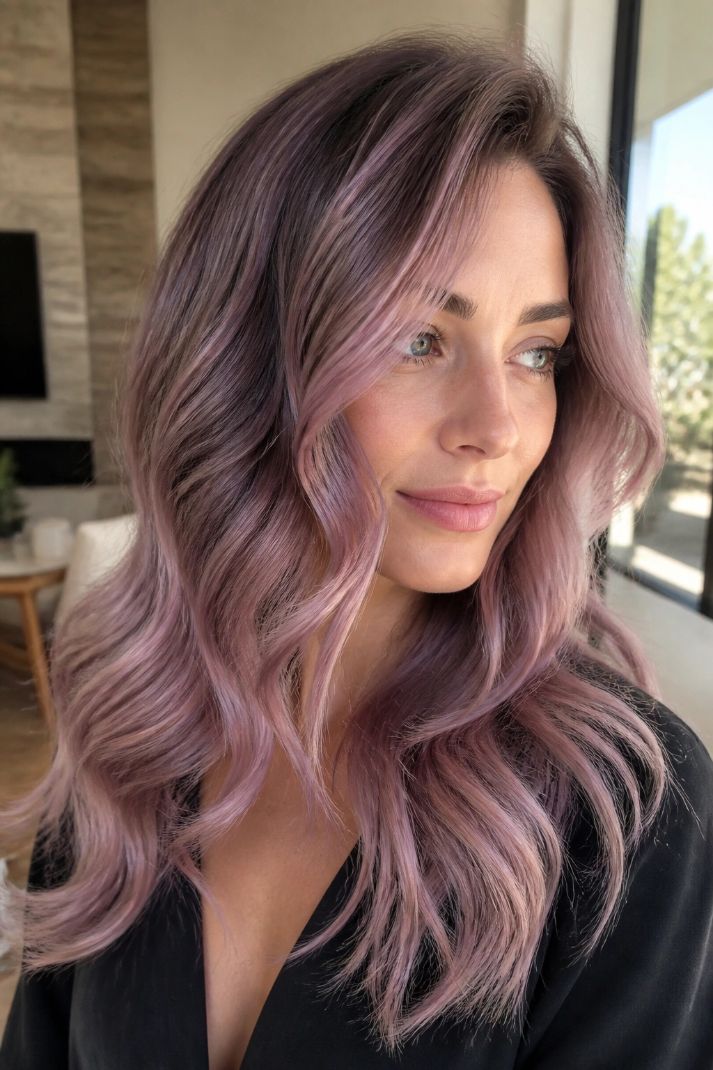 Close-up of a real woman with smoke-pink balayage highlighting smoky pink tones.
