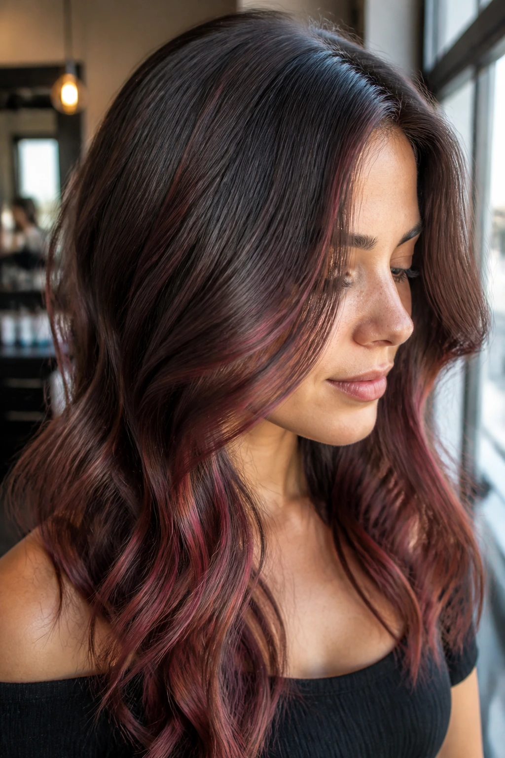 Close-up of real woman with smoke-red balayage hair featuring ash-brown roots