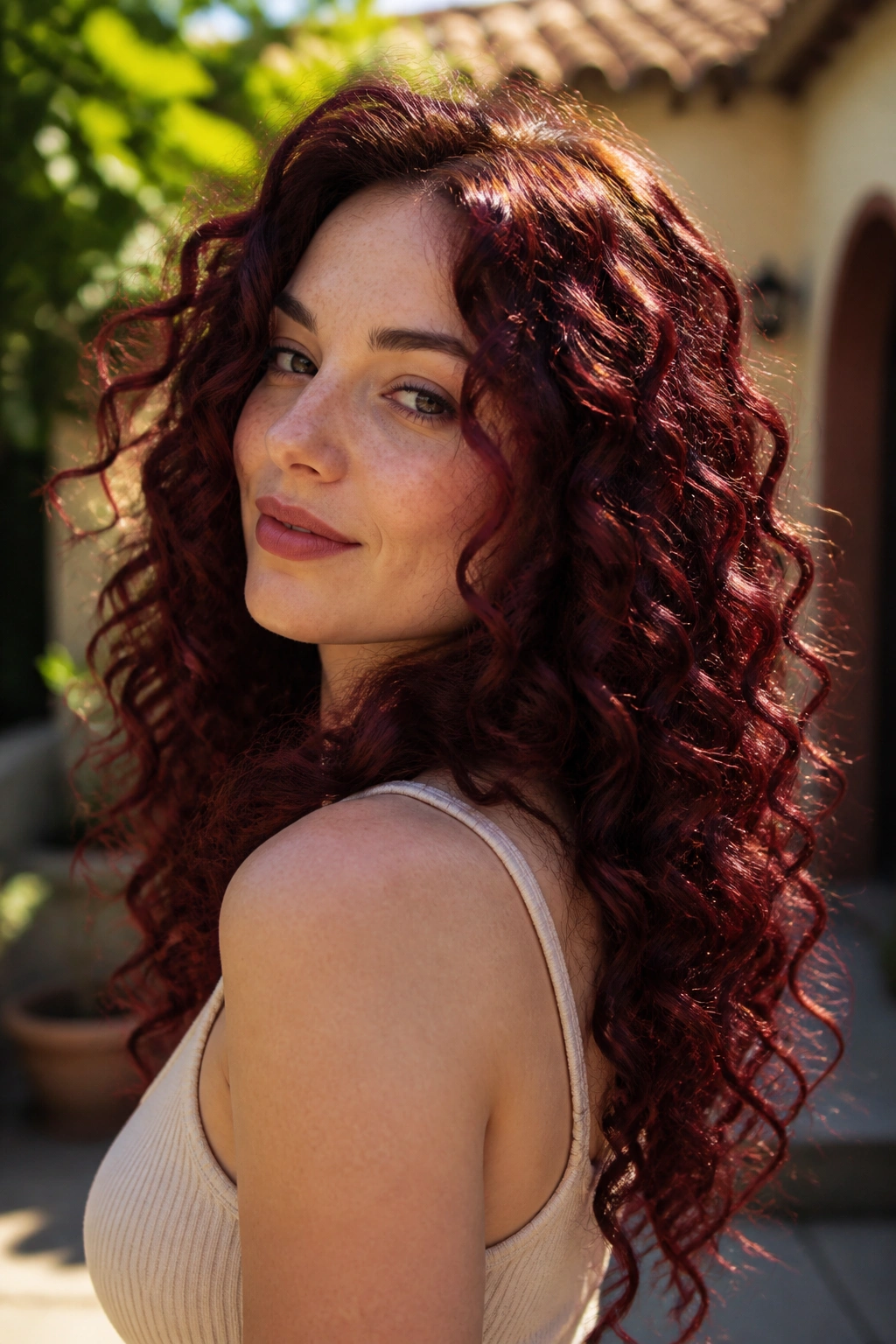 Close-up of a real woman with smoke-red mahogany curls in warm natural light.