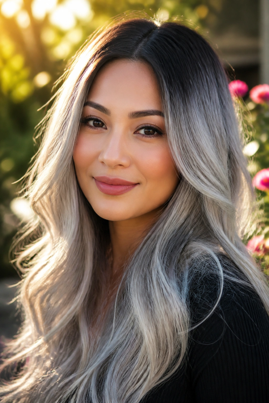 Person with smoke-shadow roots and silver lengths in loose curls.