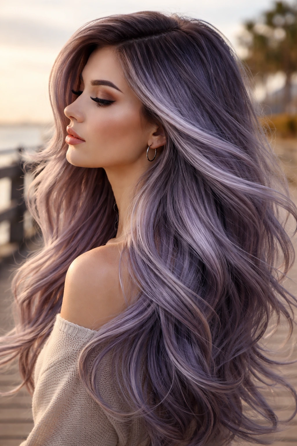 Long hair with smoke and silver purple veil in motion on a real person.