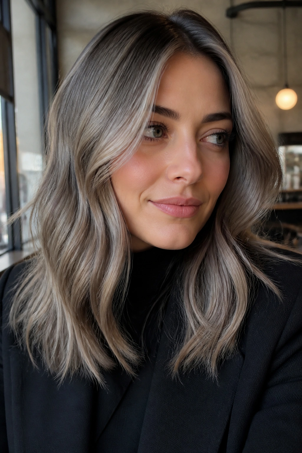 Close-up portrait of a person with smoke-slate bronde hair in a neutral cafe interior