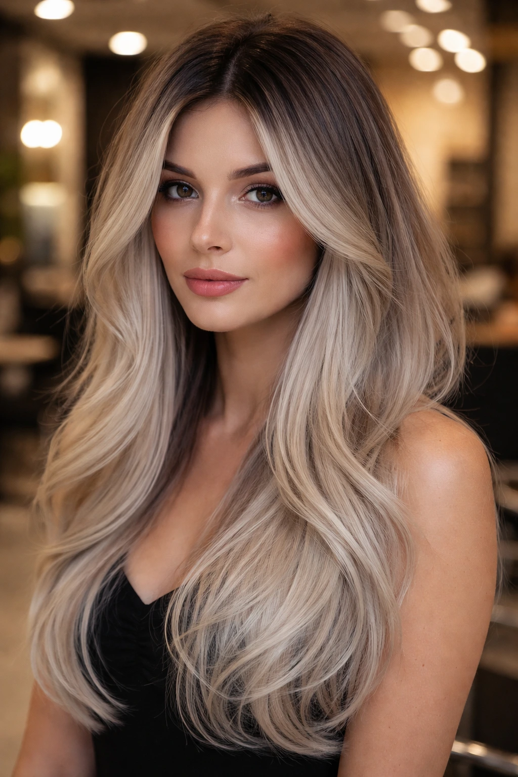 Portrait of a real woman with smoky roots and snow blonde long layers.