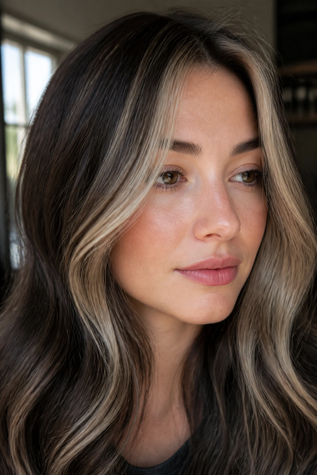 Close-up of smoky taupe face-framing hair