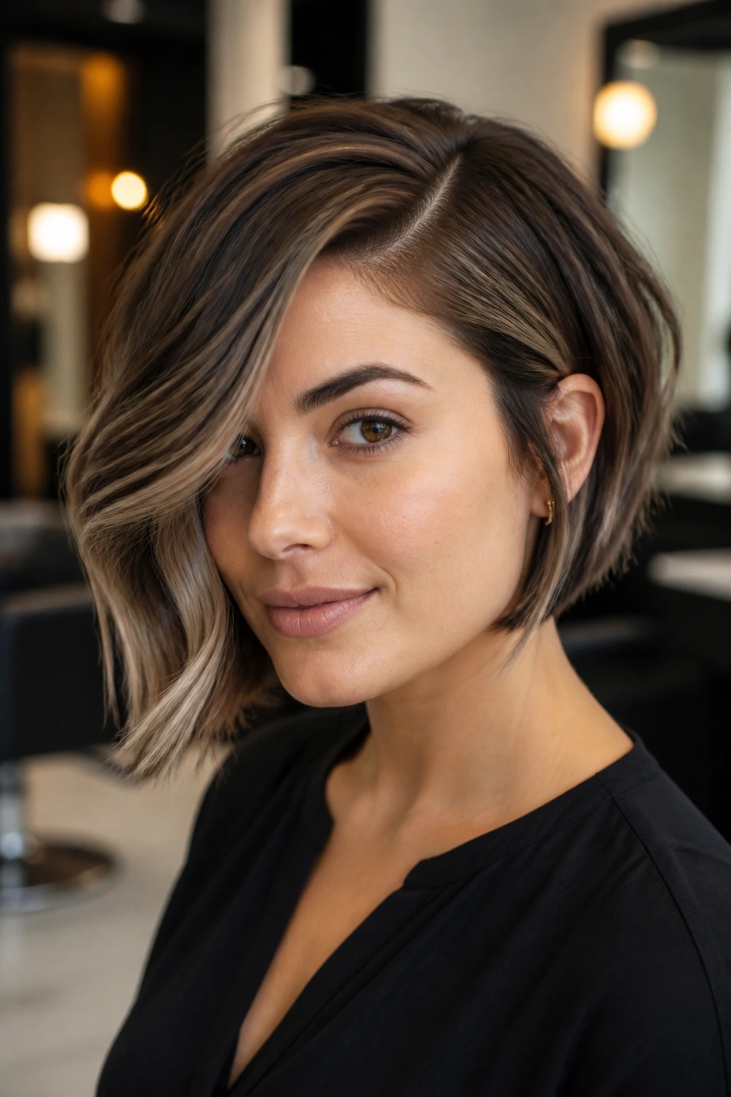 Close-up of side-part bob with smoked ash balayage on a real person