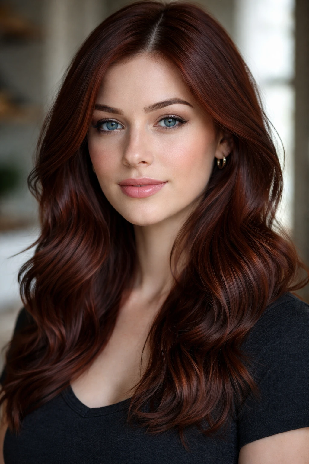 Close-up portrait of a person with smoked auburn gloss hair and cool skin tone in natural light