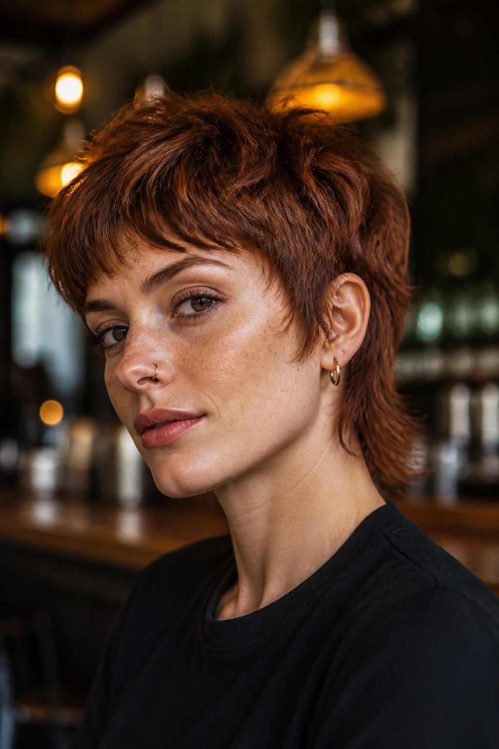 Close-up of a real woman with smoked auburn pixie mullet, textured top and cropped sides.