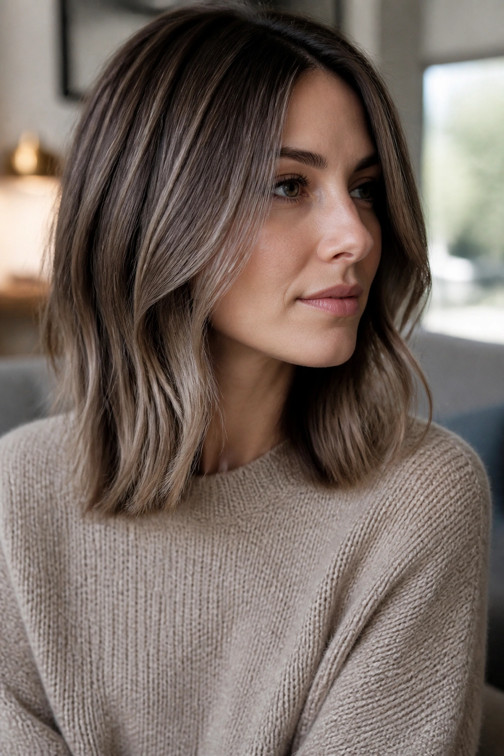 Real woman with smoked beige brunette hair in a soft-lit home setting