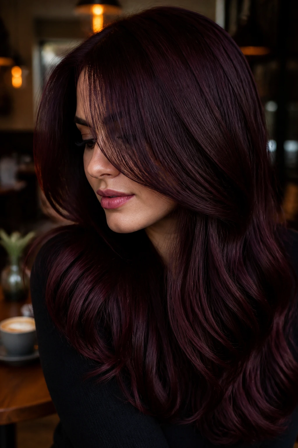 Close-up of a real woman with smoked black cherry hair in a cozy cafe setting.