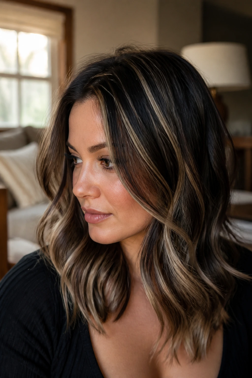 Close-up portrait of a real woman with smoked blonde lowlights on black hair, depth and vertical layering.