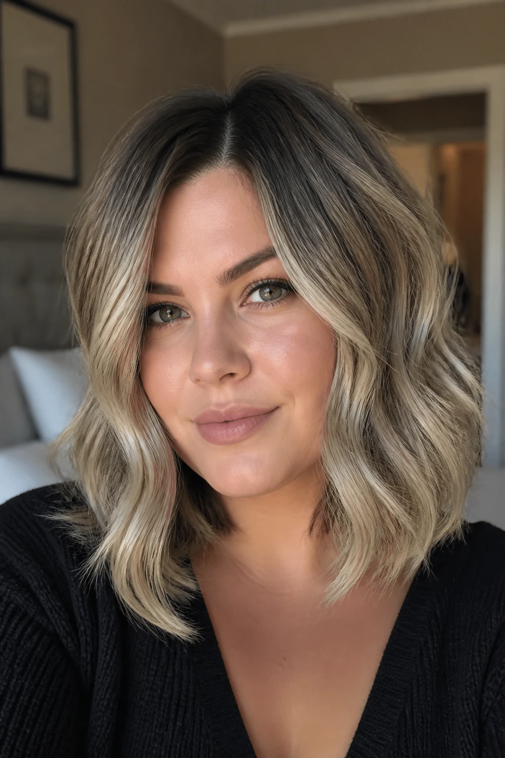 Close-up of a real woman with smoked blonde shoulder-length waves and darker roots in soft bedroom light.