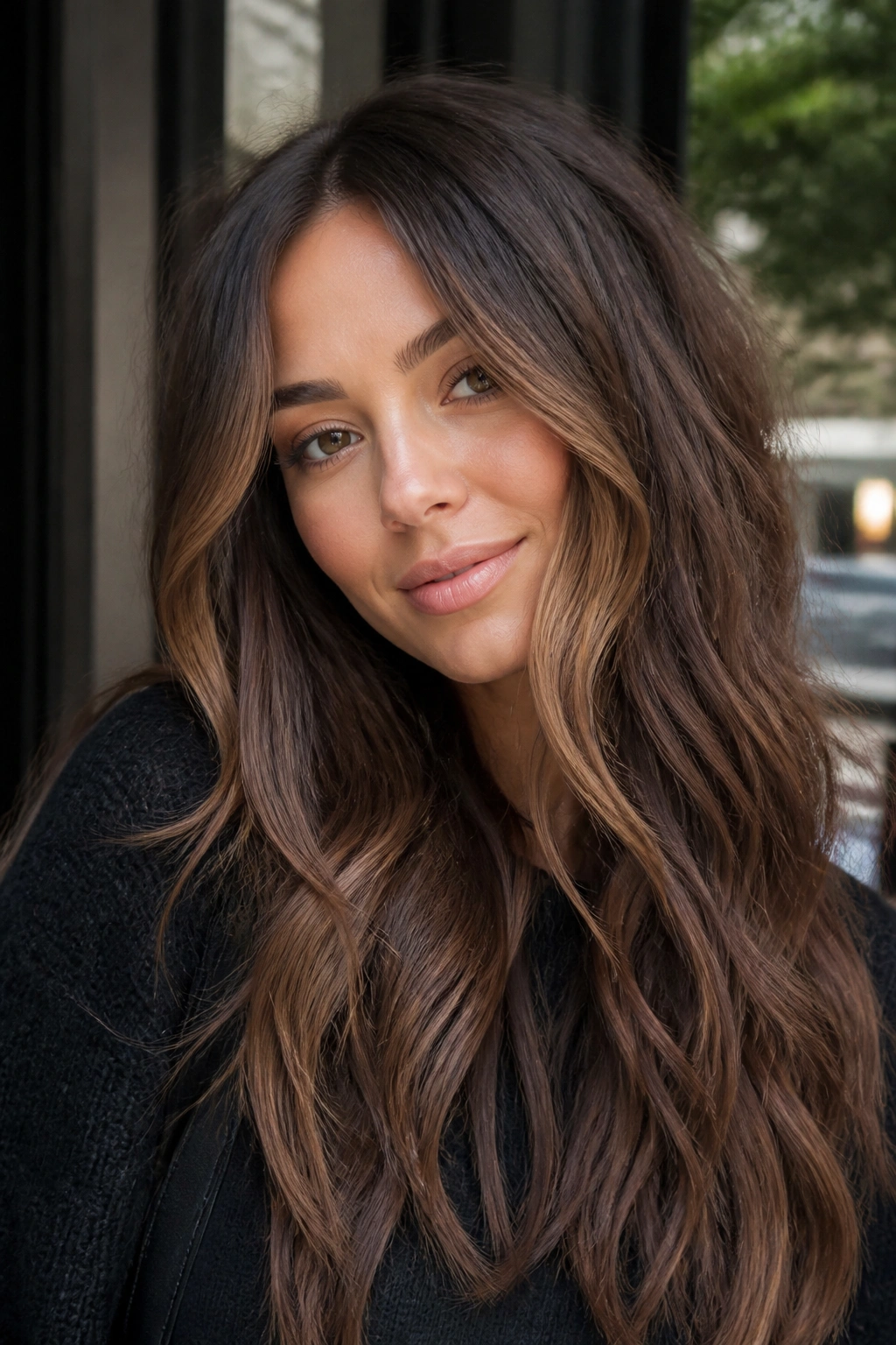Close-up of a real brunette with smoked bronze caramel color
