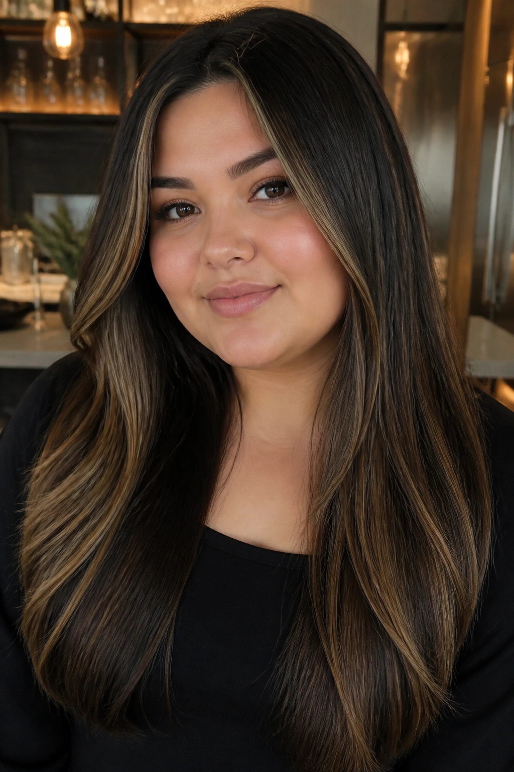 Close-up of thick straight hair with smoked caramel balayage on real person