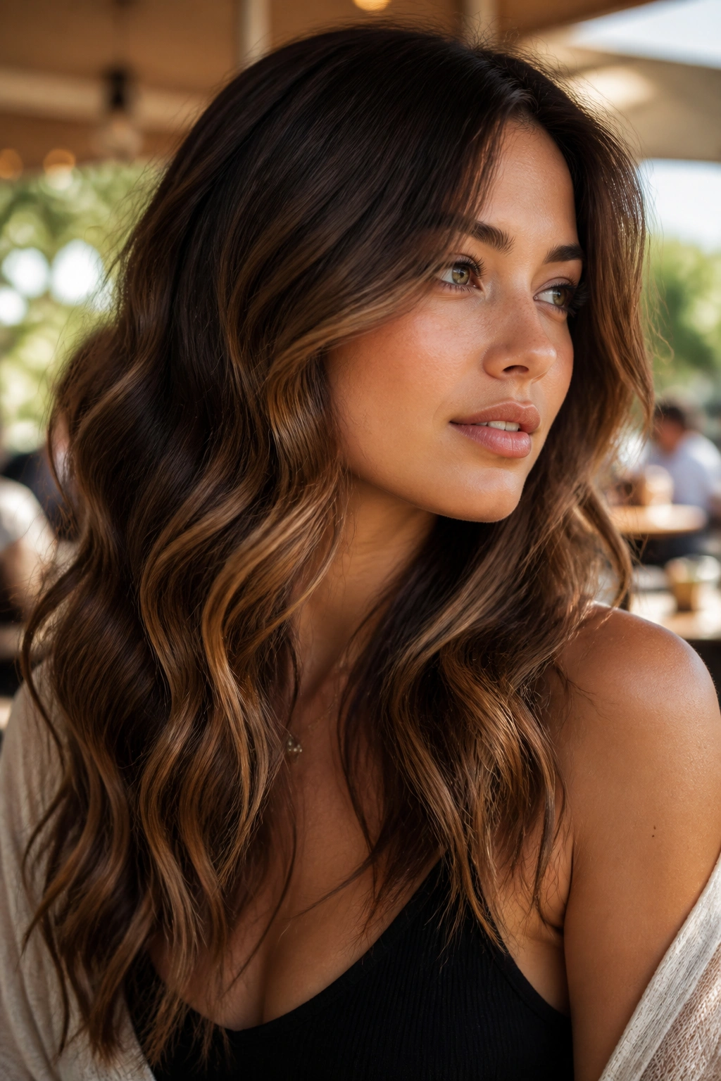 Close-up of loose waves in smoked caramel melt on real person