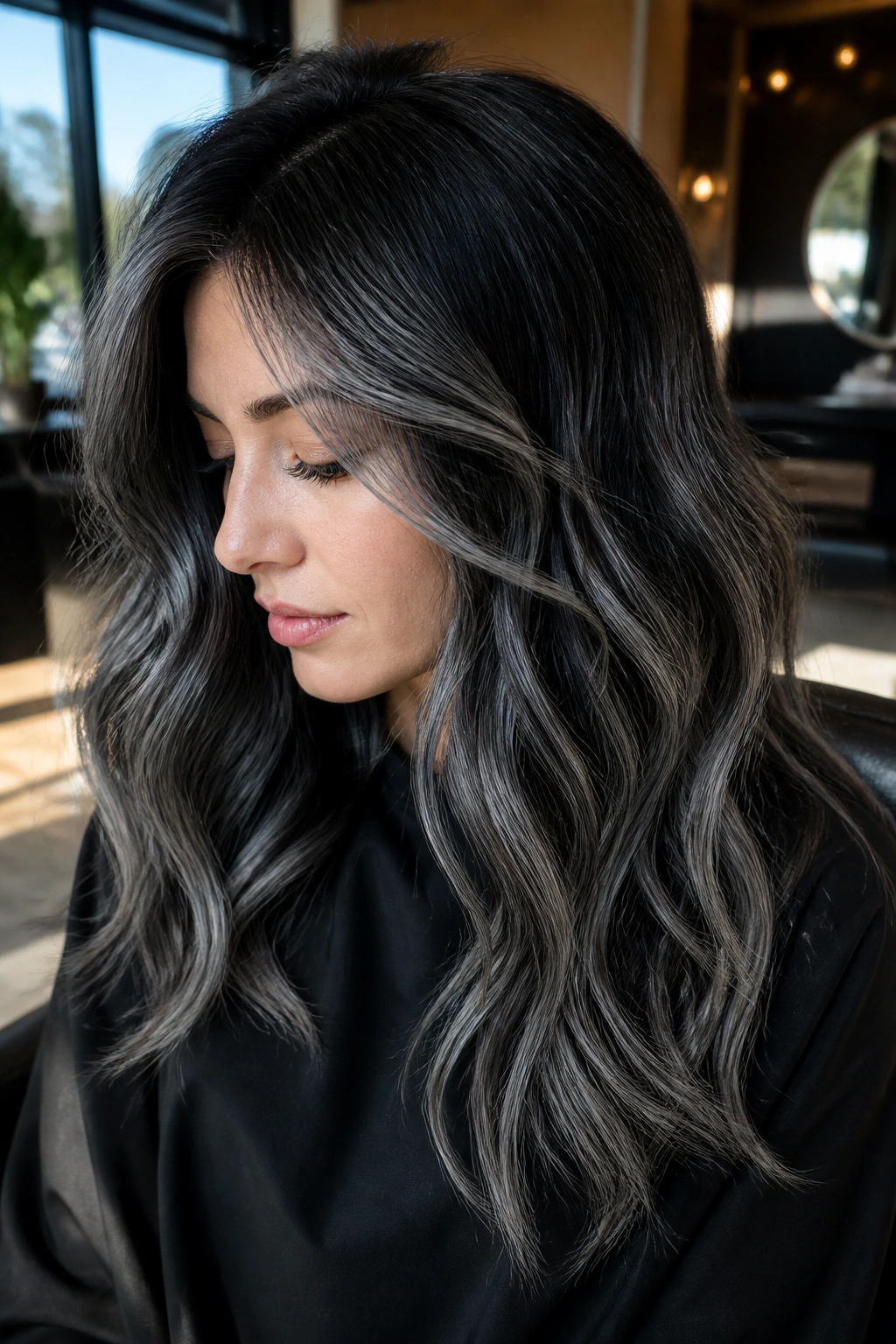 Close-up of a woman with smoky charcoal balayage in a wavy bob.