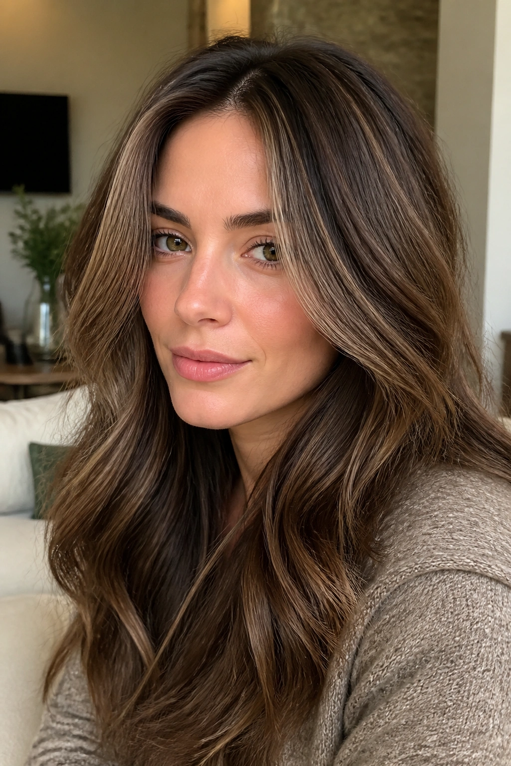 Portrait of a brunette with smoked chestnut hair and a beige caramel veil around the crown.