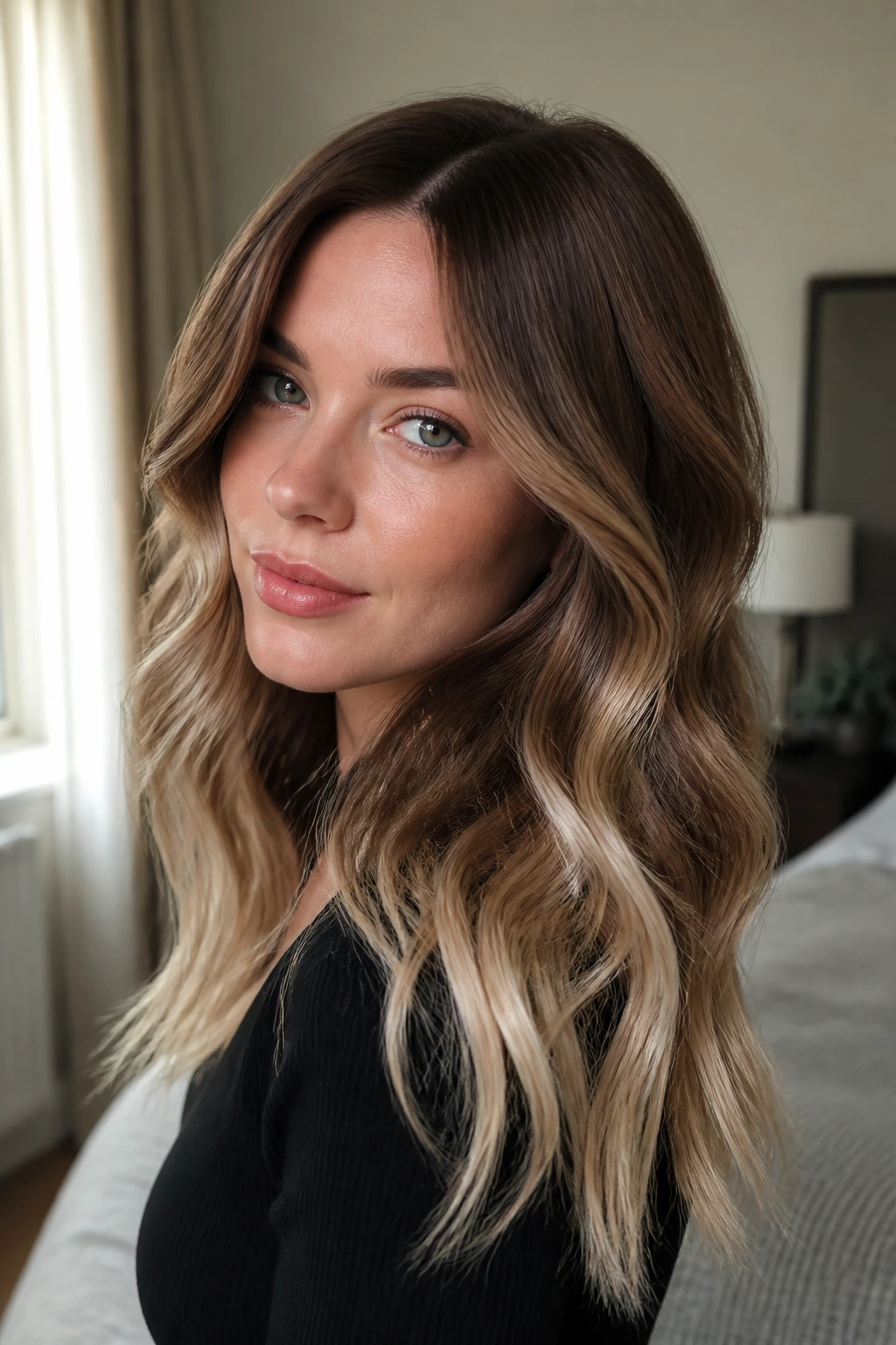 Close-up portrait of a real woman with smoked chestnut hair and cool cream ends in soft waves.