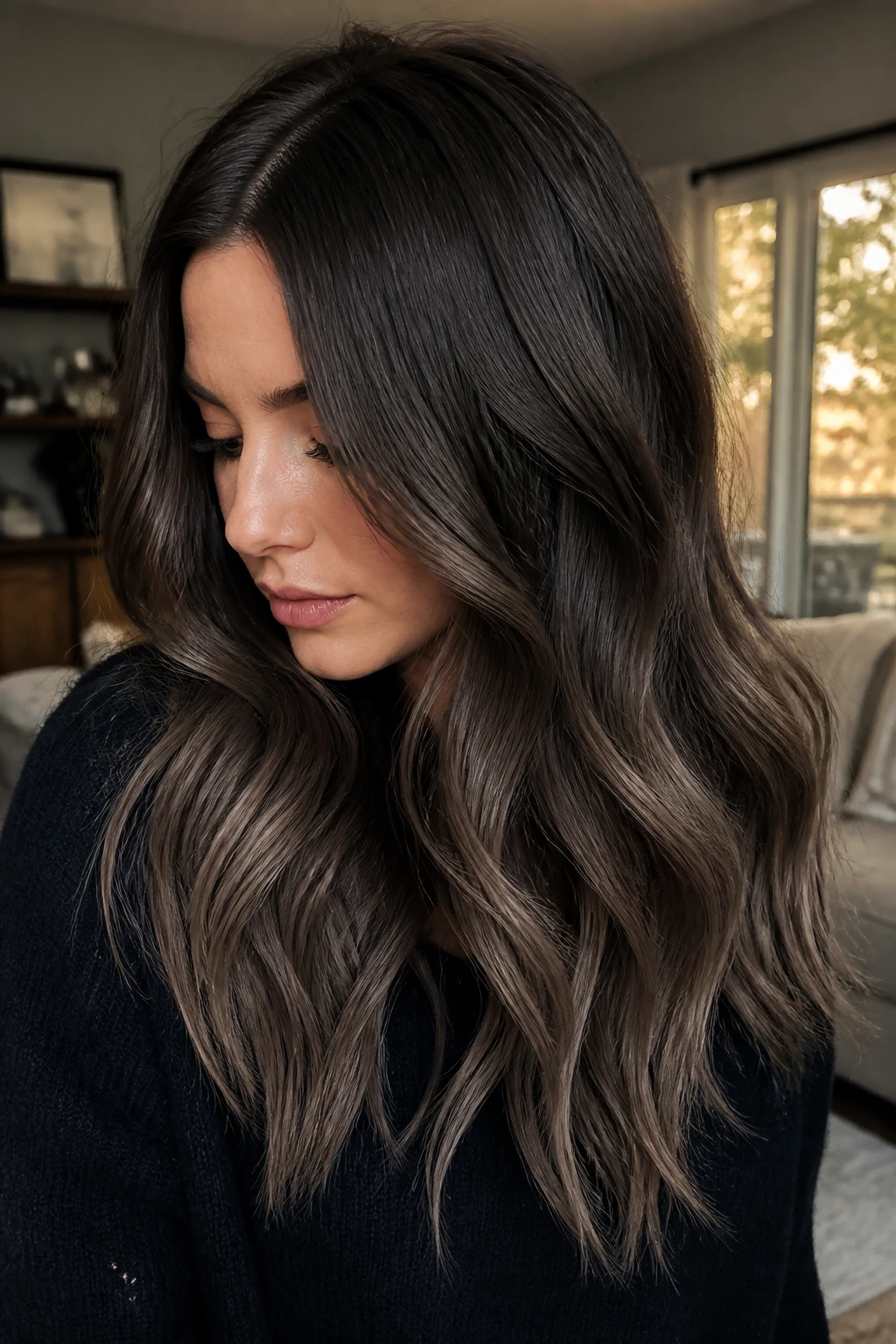 Close-up of real person with smoked chocolate hair gradient