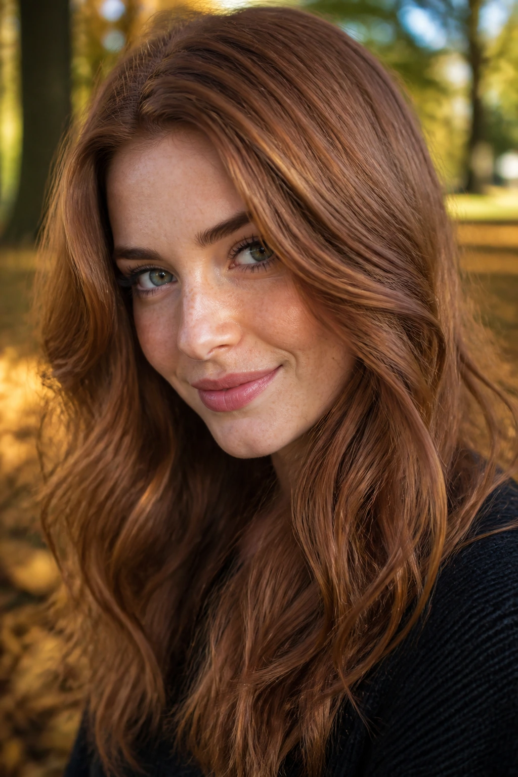 Portrait of a real person with smoked cinnamon auburn hair outdoors in autumn light