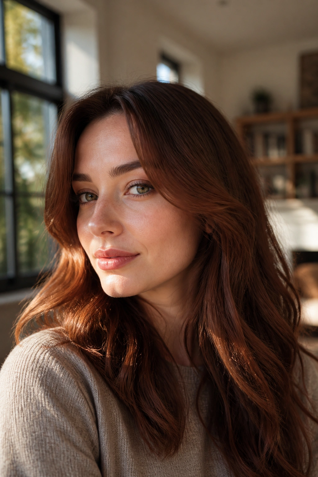 Close-up portrait of a real person with smoked copper brown hair and warm glow around the face.