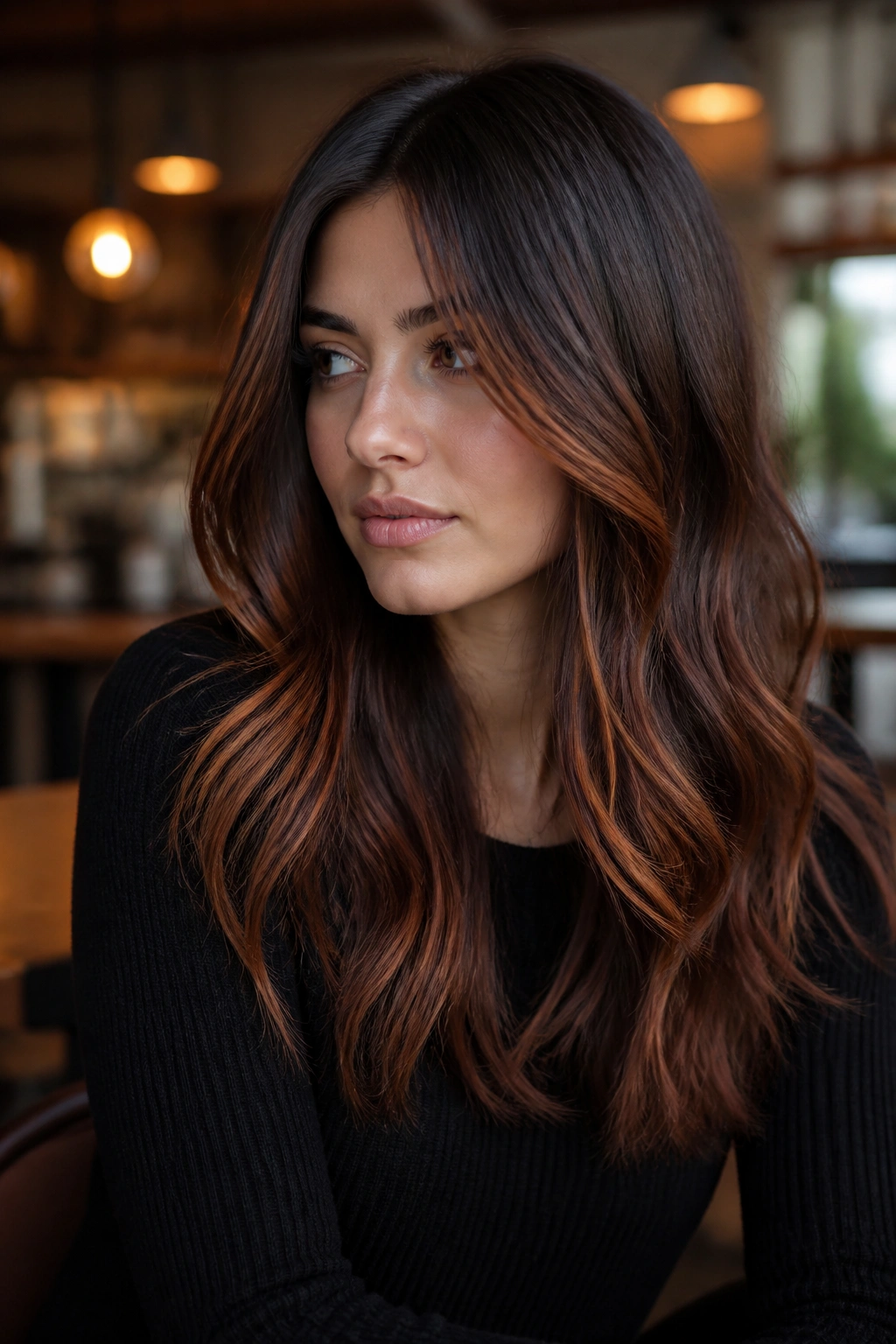 Portrait of a person with cool brown hair and smoked copper tones