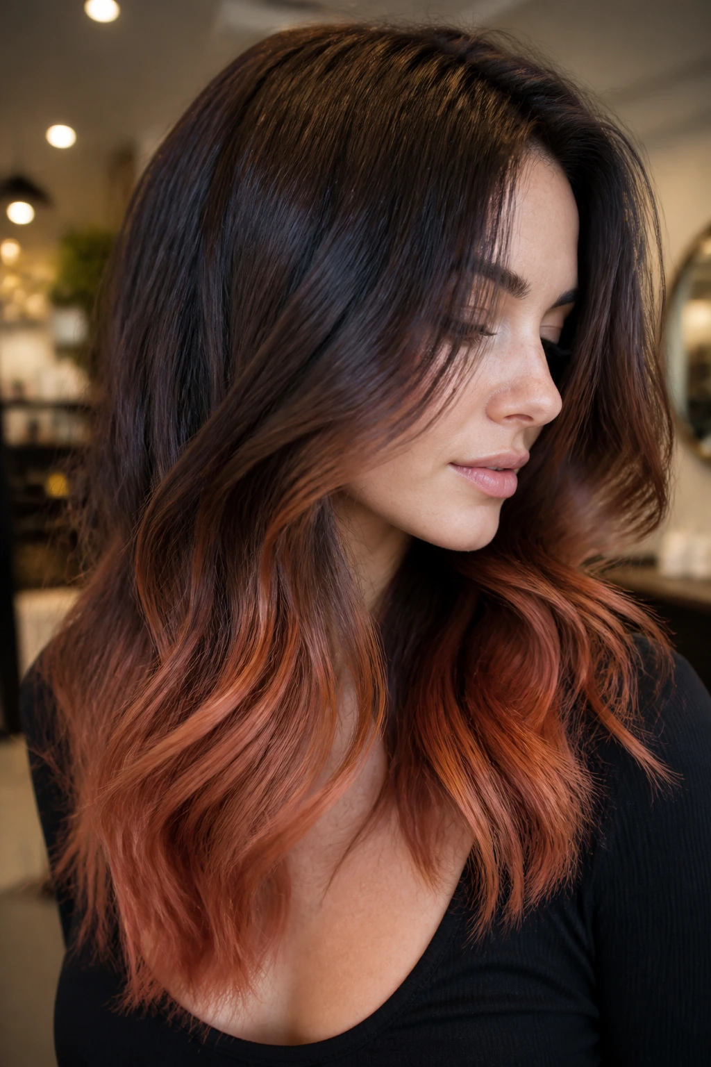 Close-up of mocha hair with smoked copper ends blending softly