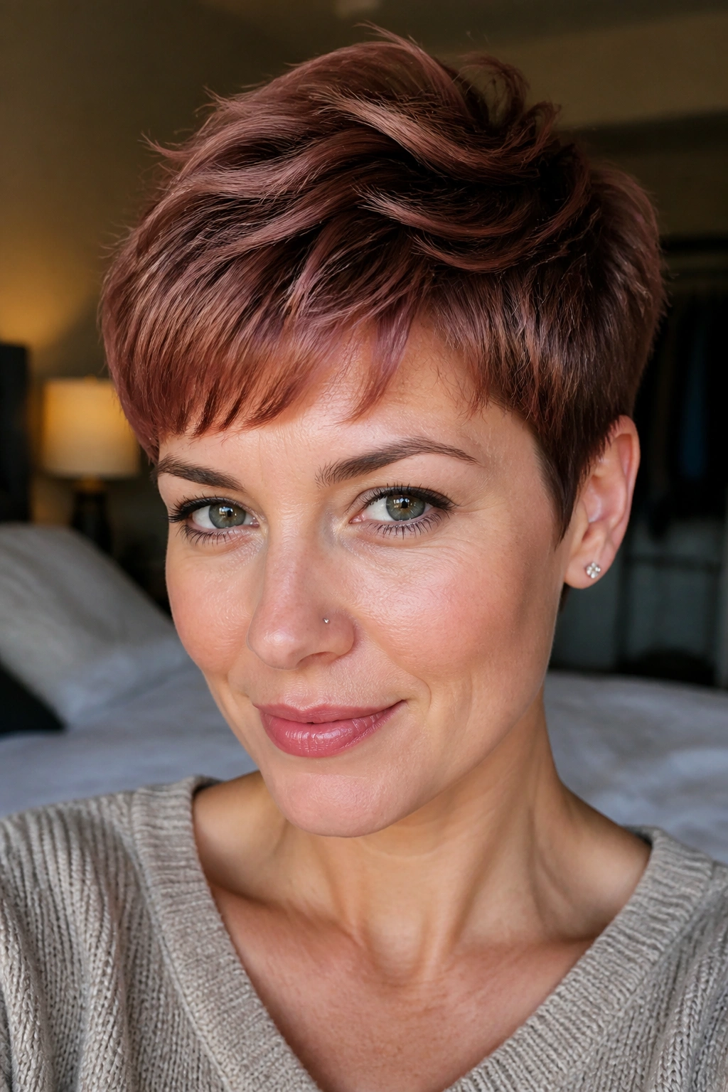 Close-up portrait of a real woman with smoked copper pixie, warm tones and soft fringe.