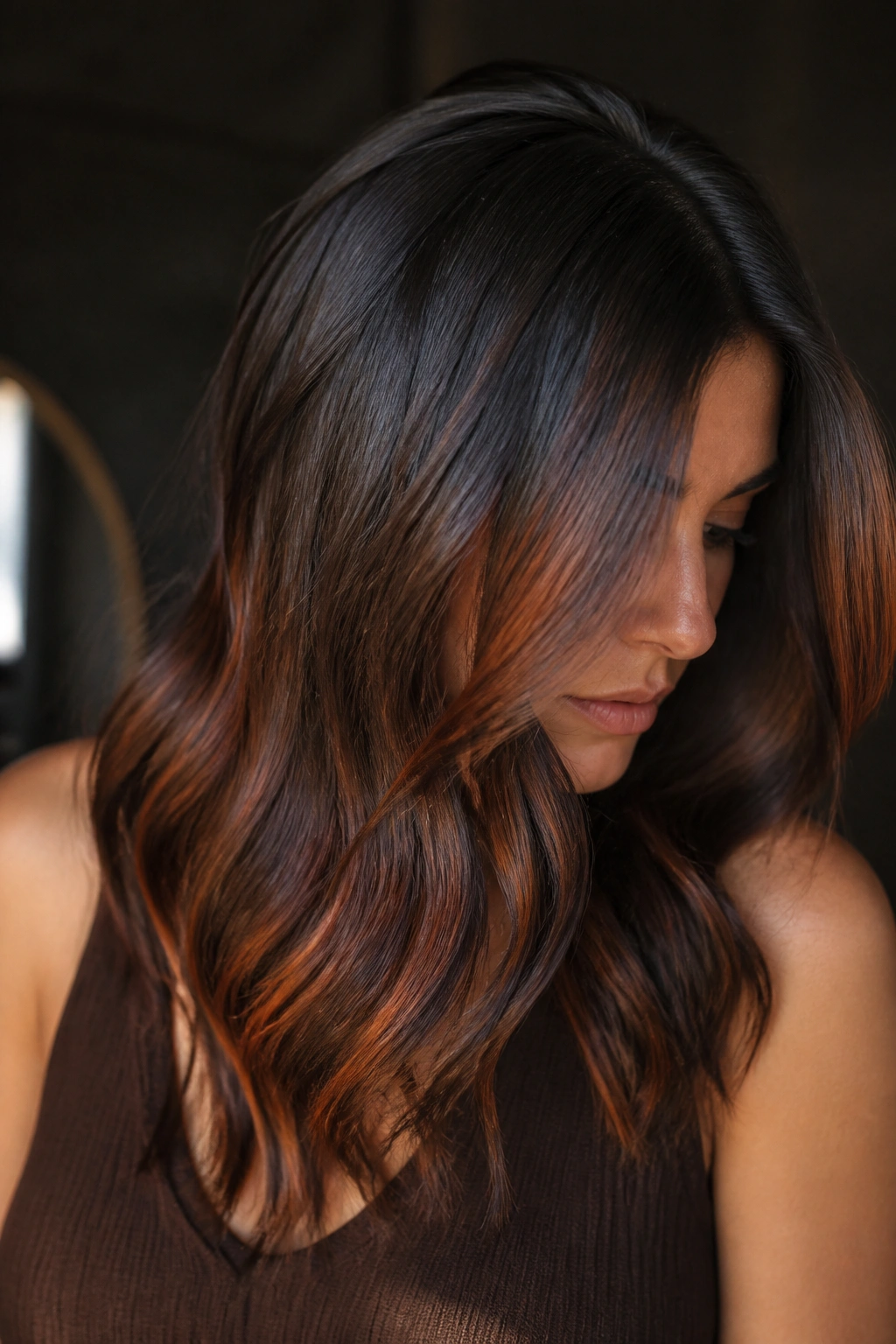 Close-up of hair with smoked copper ribbons under ash brown veil