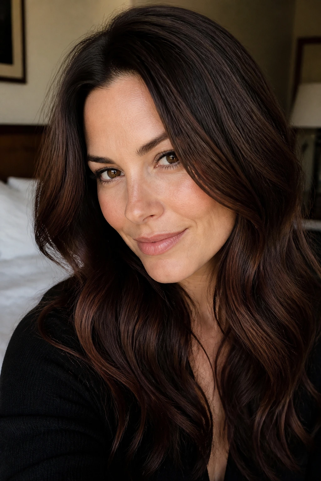 Close-up portrait of a real woman with smoked espresso auburn hair in glossy waves