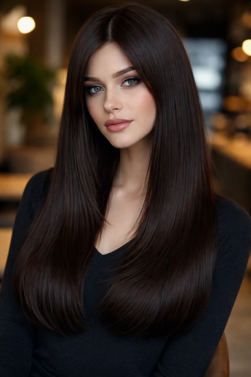 Close-up portrait of a person with matte cool brown hair resembling smoked ganache
