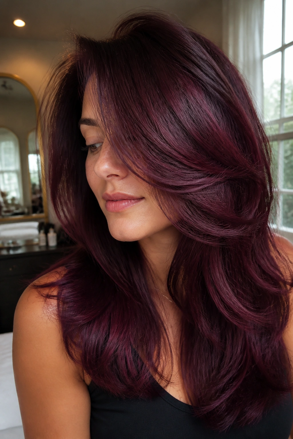 Portrait of a real woman with smoked garnet layered hair, cool violet undertones and depth.