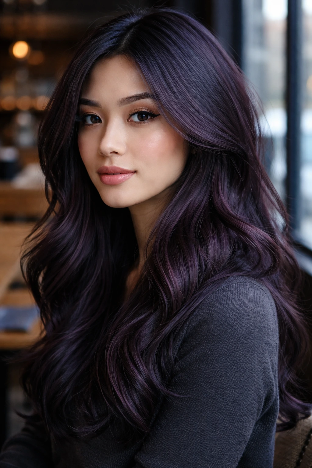 Close-up of a real person with smoked grape tones on dark hair